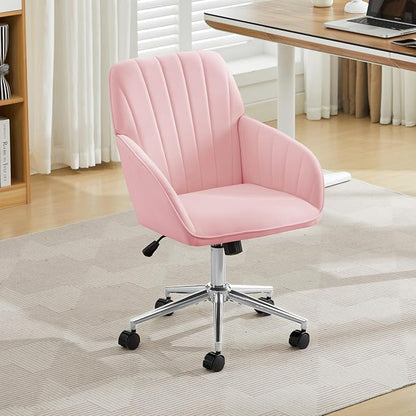 YITAI Velvet Office Desk Armchairs with Silver Base and Wheels,Modern Height Adjustable 360 Degree Swivel Upholstered Vanity Chairs for Living/Room Bedroom/Study,Pink