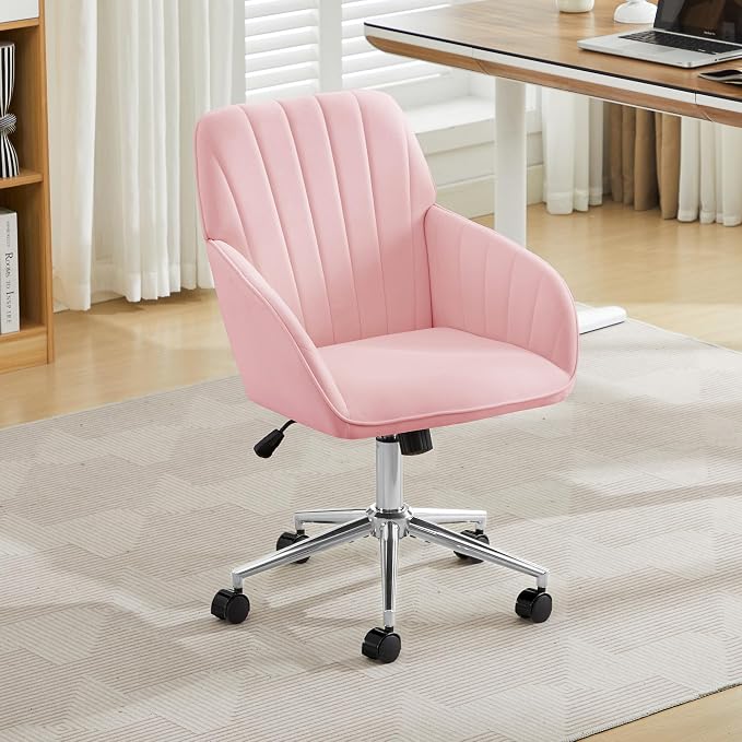 Velvet Home Office Desk Chair, Modern Cute Computer Task Chair with Back, Height Adjustable Upholstered Vanity Chair with Swivel Wheels for Women, Girls (Silver Base, Pink