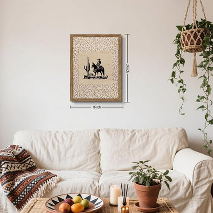 Western Cowboy Wall Art - Framed Canvas Cactus Poster for Living Room & Entryway, Vintage Horse Silhouette in Wood Frame, Rustic Floral Border Print, Farmhouse Decor 16x24 inch