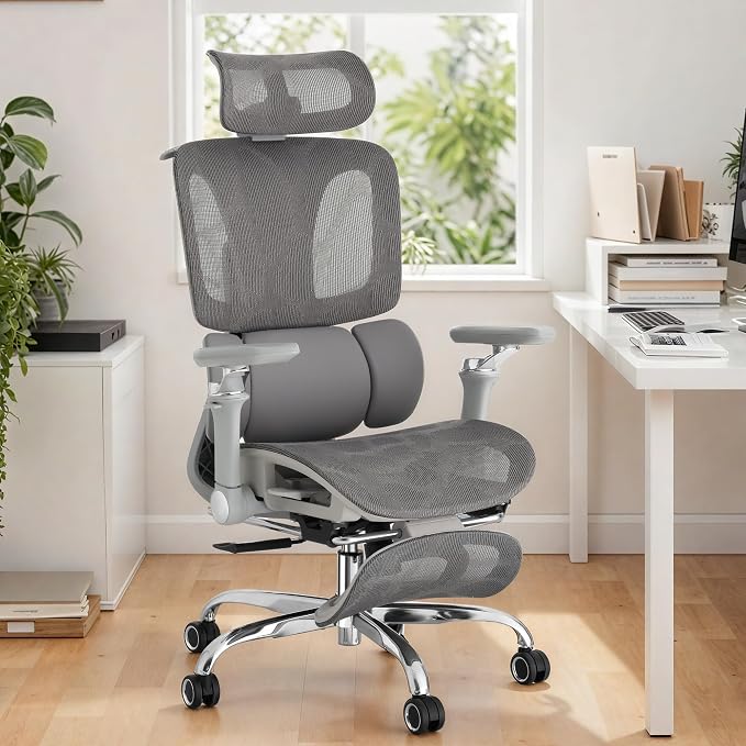 Ergonomic Office Chair with 3-Zone Dynamic Lumbar Support, Big and Tall Office Chair with Footrest, Adjustable Seat Depth,4D Headrest,6D Armrests, Swivel Executive Chair for Home Office,Grey