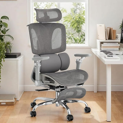 Ergonomic Office Chair with 3-Zone Dynamic Lumbar Support, Big and Tall Office Chair with Footrest, Adjustable Seat Depth,4D Headrest,6D Armrests, Swivel Executive Chair for Home Office,Grey
