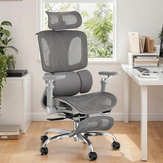 Ergonomic Office Chair with 3-Zone Dynamic Lumbar Support, Big and Tall Office Chair with Footrest, Adjustable Seat Depth,4D Headrest,6D Armrests, Swivel Executive Chair for Home Office,Grey