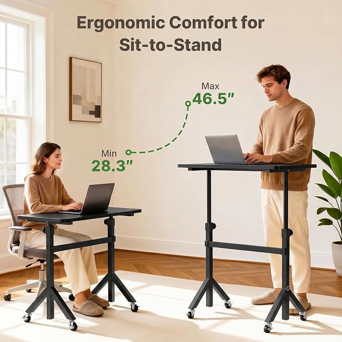 Marsail Mobile Stand Up Desk with Wheels, Adjustable Height Desk from 28.3″ to 46.5″, Rolling Standing Desk with Lockable Wheels, Portable Small Desk for Walking Pad and Treadmill, Black