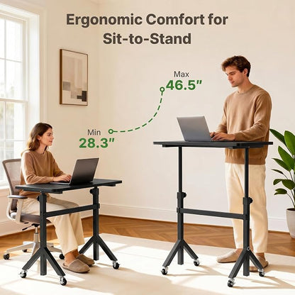 Marsail Mobile Stand Up Desk with Wheels, Adjustable Height Desk from 28.3″ to 46.5″, Rolling Standing Desk with Lockable Wheels, Portable Small Desk for Walking Pad and Treadmill, Black