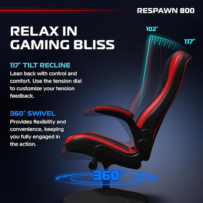 RESPAWN 3085 Ergonomic Gaming Chair for Adults, High Back Office Chair with Headrest and Flip Up Arms, Leather Racing Style Gaming Seat with Lumbar Support, Video Game Computer Desk Seat - Red