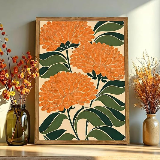 Framed Boho Floral Wall Art, Vintage Orange Flower Canvas Wall Decor Pictures, Mid Century Modern Abstract Botanical Paintings Prints Maximalist Home Decor for living Room Bedroom Office 12x16 inch
