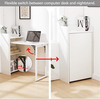 Fold Out Desk,Hidden Desk with Built-in Outlet, Foldable Desk with Storage for Small Spaces,Home Office and Bedroom (White)