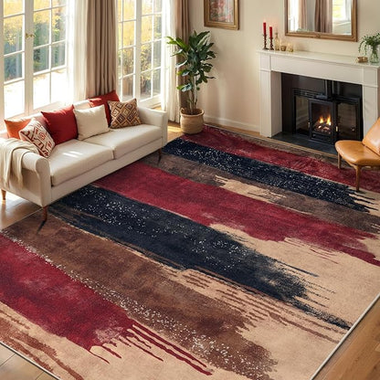 Ciicool Modern Abstract Rug for Living Room, 5'x7' Machine Washable Area Rug Non-Slip Rug, Low-Pile Contemporary Indoor Dining Floor Carpet for Bedroom Office Under Table Home Decor Red Black