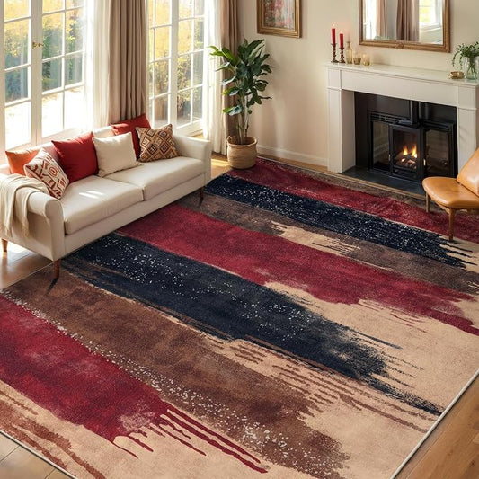 Ciicool Modern Abstract Red Black Rug for Living Room, 6'x9' Machine Washable Area Rug Non-Slip Rug, Low-Pile Contemporary Indoor Dining Floor Carpet for Bedroom Office Under Table Home Decor
