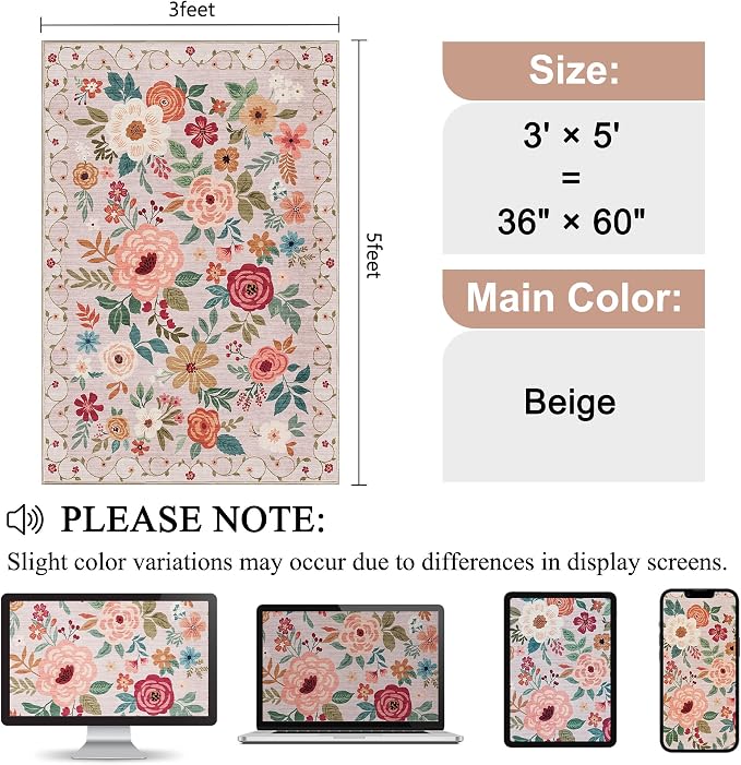 DUKINO 3x5 Area Rug, Floral Rugs for Entryway, Lightweight Non Slip Washable Rug, Indoor Low Pile & Non-Shedding Boho Design Rugs for Bedroom, Living Room, Dining Room, Kitchen, Beige