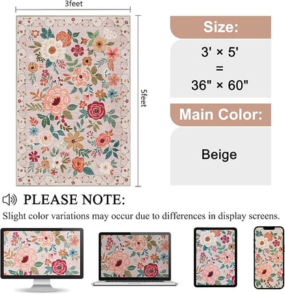 DUKINO 3x5 Area Rug, Floral Rugs for Entryway, Lightweight Non Slip Washable Rug, Indoor Low Pile & Non-Shedding Boho Design Rugs for Bedroom, Living Room, Dining Room, Kitchen, Beige
