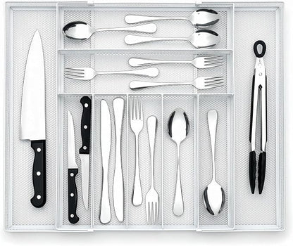 1 Pcs Utensil Drawer Silverware Organizer, Metal Mesh Expandable 13" 24" Kitchen Drawer Organizer, 7-9 Slots Cutlery Tray Dividers for Kitchen Flatware Christmas Housewarming Gift (White)