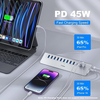 Powered USB Hub 10Gbps, intpw 12 Port USB C Hub with USB C 3.2+2 USB A 3.2, 7 USB 3.0, 2 PD 45W Charging Port, 65W Power Adapter + 3.3FT Cable, Aluminum USB Hub for PC/Laptop/iPhone 17/16/PC