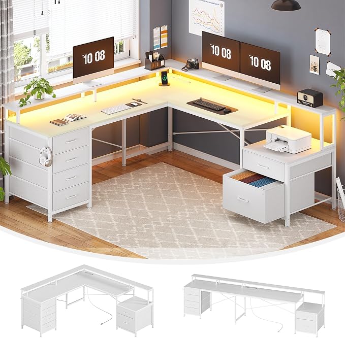 SEDETA L Shaped Desk with 6 Drawer, 108" Home Office Desk with File Drawer & Power Outlet, Corner Computer Desk with Monitor Shelf, File Cabinet, Two Person Desk, Gaming Desk with Led Lights, White