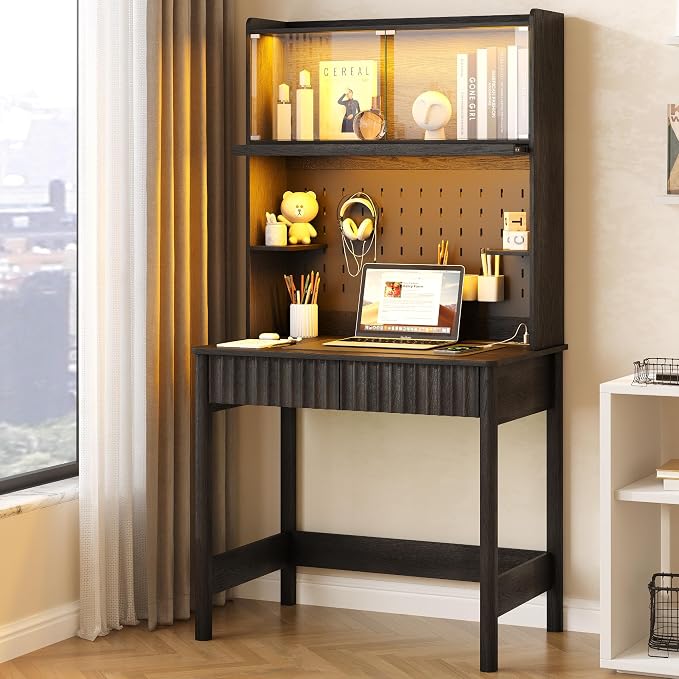 Lvifur 31.5" Small Study Desk with - Drawer & Hutch,Computer Desk with Charging Station,Compact Writing Desk with LED Reading Lights,Home Office Desks for Small Spaces,Bedroom Study Room,Black