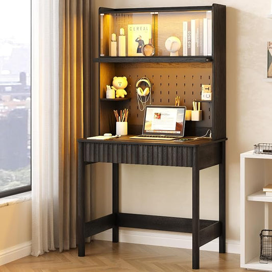 Lvifur 31.5" Small Study Desk with - Drawer & Hutch,Computer Desk with Charging Station,Compact Writing Desk with LED Reading Lights,Home Office Desks for Small Spaces,Bedroom Study Room,Black