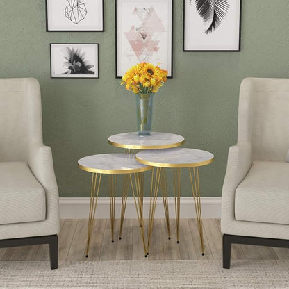 Set of 3 High Gloss White Marble Gold Legs Nesting End Tables Round Wood Stacking Coffee Side Accent Table with Metal Legs for Living Room, Home Office, Nightstands for Bedroom