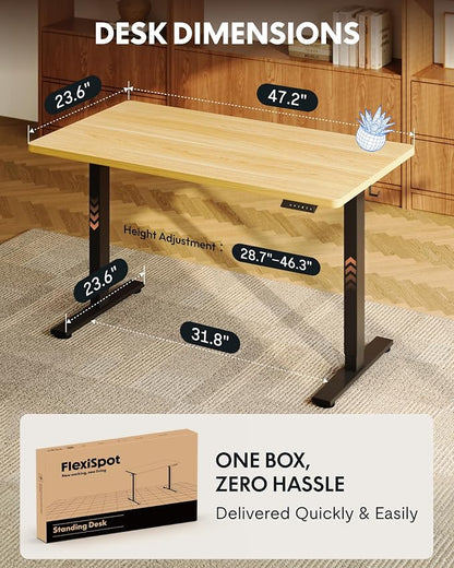 FLEXISPOT EN1 One-Piece Standing Desk, 48"x24" Seamless Desktop Electric Height Adjustable Desk for Home Office, Multi-Monitor Setups & Easy Assembly, Maple (Black Frame)