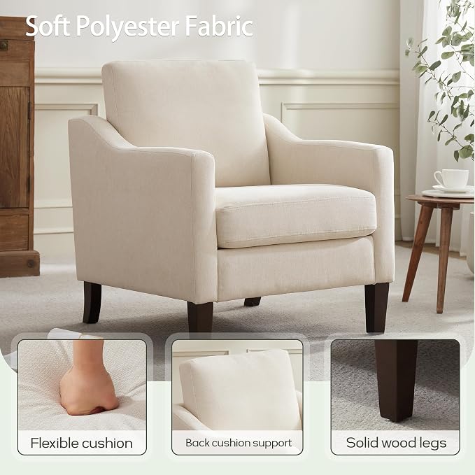 VKNOW Mid-Century Accent Chairs Set of 2, No Tools Assembly Required, Modern Upholstered Polyester Armchairs for Living Room & Bedroom, Comfortable Reading Chairs with Wood Legs, Beige