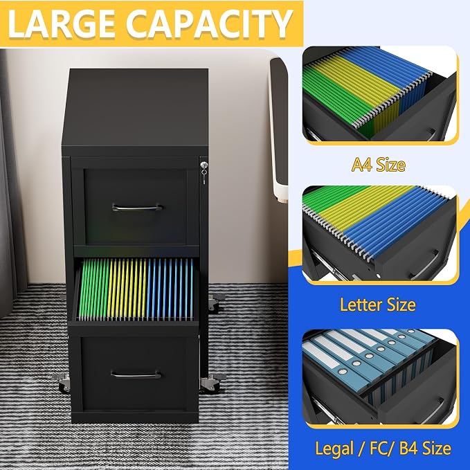 GAIOUS 2 Drawer Mobile File Cabinet with Wheels, Locked Under Desk Cabinet | Metal Filing Cabints with Lock, Black Rolling File Cabinet for Home Office, Fits Letter/Legal/A4 Size