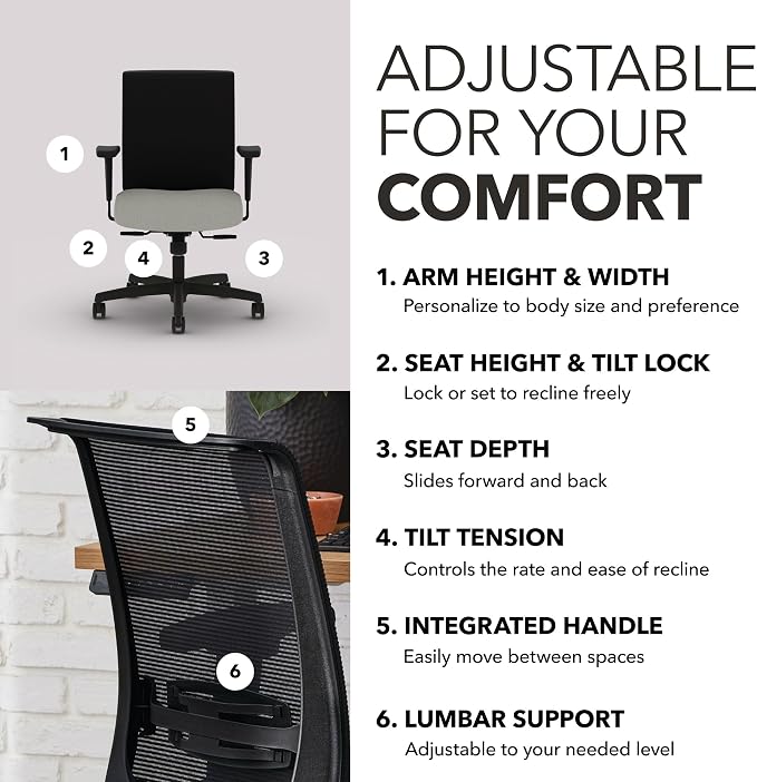 HON Convergence Ergonomic Office Chair with Mesh Back, Adjustable Arms, Lumbar Support, Synchro‑Tilt Desk Chair with Wheels for Home Office or Computer Use, Black Frame, Fog