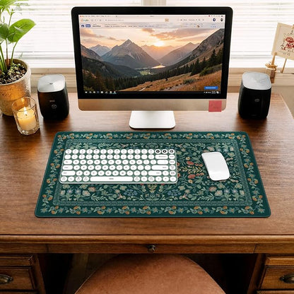 iCasso Green Aesthetic Flower Mouse pad for Laptop, Vintage Desk Matt for Desktop 13.7"x23.6", Anti-Slip Mousepad with Stitched Edges for Laptop Computer Keyboard(Deep Green)