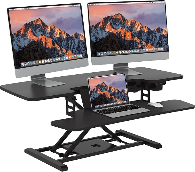 SANODESK 42" Electric Standing Desk Converter, Height Adjustable Riser for Office Home,Dual Monitor and Laptop Workstation with Large Keyboard Tray, Black Color