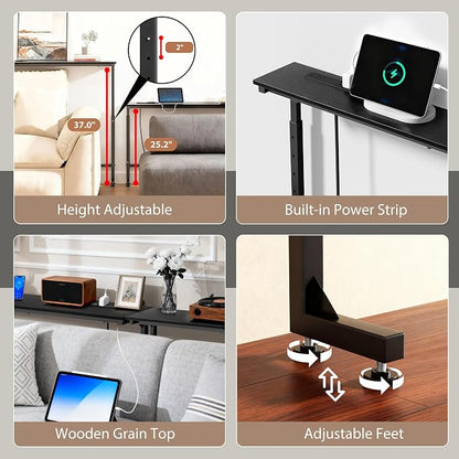 Keelian 39 inch Narrow Console Table with Outlet,Adjustable Height(25"-37") Behind Sofa Table,Couch Behind Table Skinny,Couch Shelf with Charging Station,Long Entryway Tables for Living Room,Black