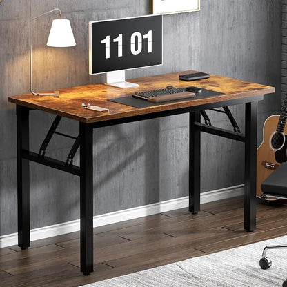 Need 39.4 Inch Folding Desk for Small Spaces, Home Office Computer Desk with Rustic Brown Tabletop & Black Metal Frame, Foldable Writing Table for Study, Bedroom, Dorm Room & Student