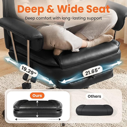 NEO CHAIR Big and Tall Office Chair Gaming Computer Chair High Back Heavy Duty Desk Chai with Lumbar Support Adjustable Recliner Footrest Wide Seat Leather Executive Home with Wheels (Leather Black)