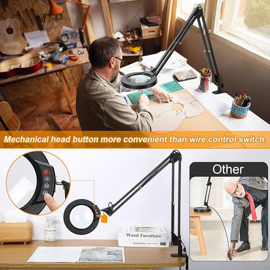 12X Large Magnifying Glass with Light and Clamp, Real Glass, 5 Color Modes, Stepless Dimmable, 2 x 16 Inch Adjustable Swing Arm Stand Desk Lamp, LED Lighted Magnifier Hands Free for Close Work, Hobby
