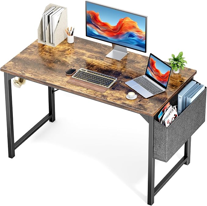 Sweetcrispy Small Computer Office Desk, 47" Student Study Writing Desk with Headphone Hooks & Storage Bag, Modern Simple PC Workstation for Home Bedroom, Brown