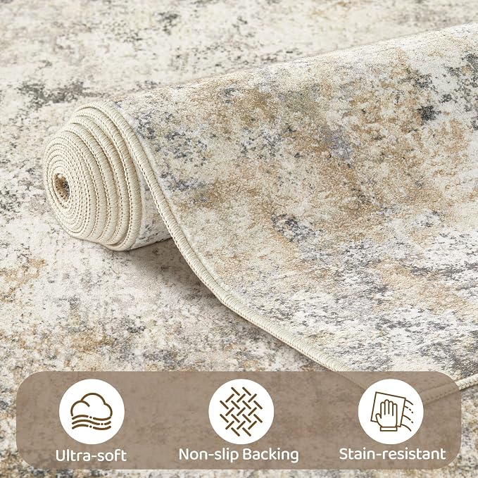 UERMEI 9x12 Area Rug Living Room Rugs - Washable Neutral Modern Abstract Soft Thin Large Rug Indoor Floor No Slip Rug Carpet for Bedroom Under Dining Table Home Office Decor - Golden Grey