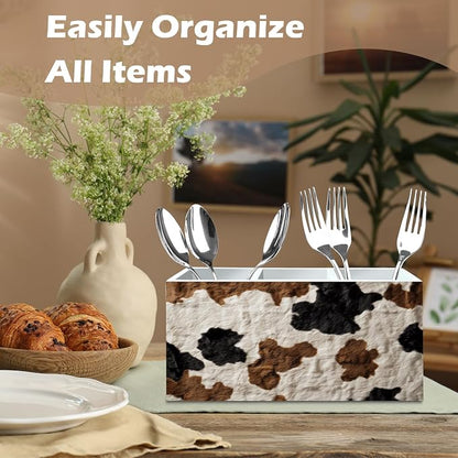 DILSJ Western Cow Print Pen Pencil Holder Organizer for Desk, Cow Lovers Gifts for Women Men, Rustic Country Western Cowhide Wooden Box Signs for Home Office Desk Tabletop Decoration