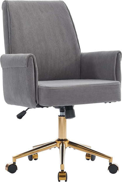 YITAI Stripes Velvet 360°Swivel Desk Chair, Modern Height Adjustable Home Office Armchair with Gold Base and Wheels for Vanity, Comfy Computer Chair for Study Living Room Bedroom（Gray）