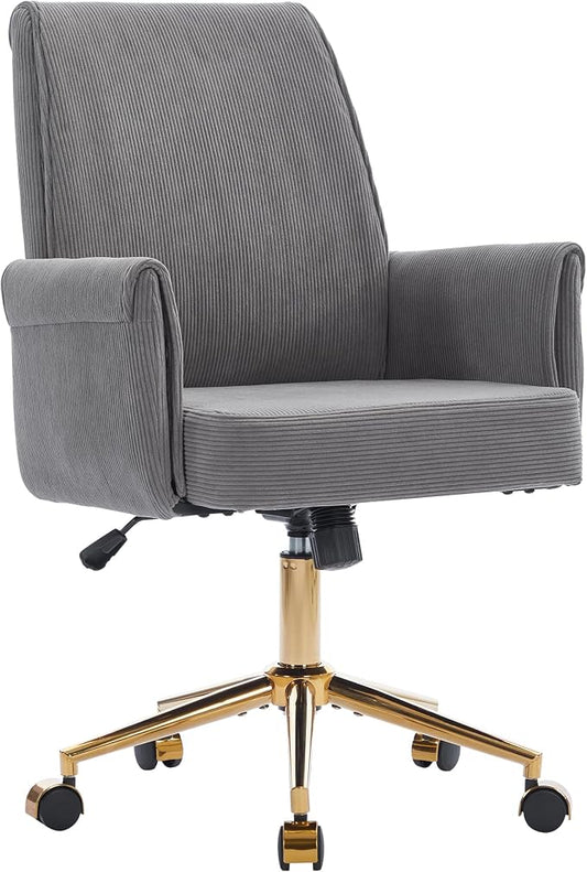 YITAI Stripes Velvet 360°Swivel Desk Chair, Modern Height Adjustable Home Office Armchair with Gold Base and Wheels for Vanity, Comfy Computer Chair for Study Living Room Bedroom（Gray）