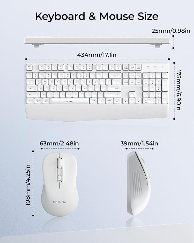 seenda Wireless Bluetooth Keyboard Mouse Combo, COE200 Ergonomic Keyboard with Wrist Rest, Silent Mouse, Multi-Device Connection, Full-Size Compatible for Windows PC Laptop Mac MacBook, White