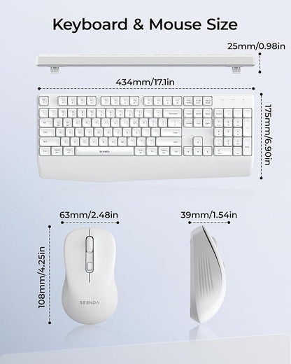 seenda Wireless Bluetooth Keyboard Mouse Combo, COE200 Ergonomic Keyboard with Wrist Rest, Silent Mouse, Multi-Device Connection, Full-Size Compatible for Windows PC Laptop Mac MacBook, White