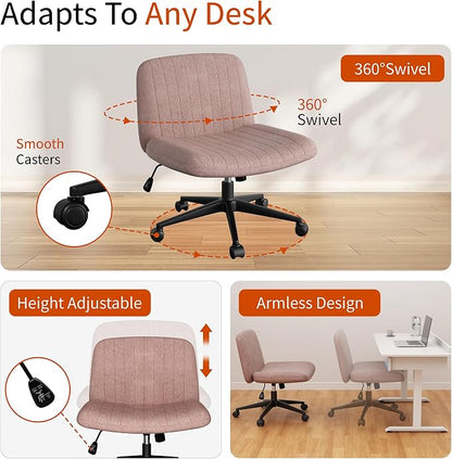 Criss Cross Chair with Wheels, Cross Legged Office Chair, Armless Office Chairs Adjustable Height Swivel Tilting Fabric Vanity Chairs for Home Bedroom (Pink)