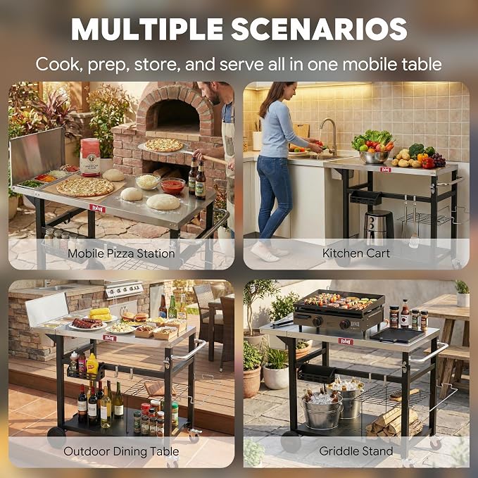 Feasto Outdoor Prep Table with One-Piece Integrated Topping Station, Food-Grade Stainless Steel Tabletop, Pizza Oven Table with Lockable Wheels for Backyard BBQ & Party