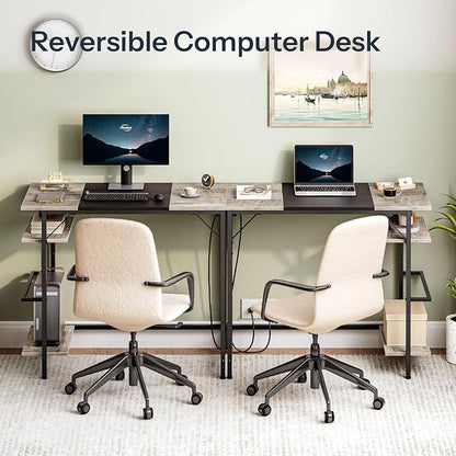 HOOBRO Small Computer Desk, Home Office Desk with Power Outlet, Writing Desk with 2 Shelves, Modern Small Desk for Home Office, Study, Easy to Assemble, Charcoal Gray and Black BG43UDN01