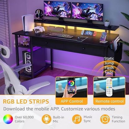 DLisiting Black Gaming Desk with Shelves and Drawers - 39 Inch Small Gaming Desk with Storage Shelves for Boys Teens Bedroom, Black Computer Desks with Drawers, Monitor Stand, Power Outlet
