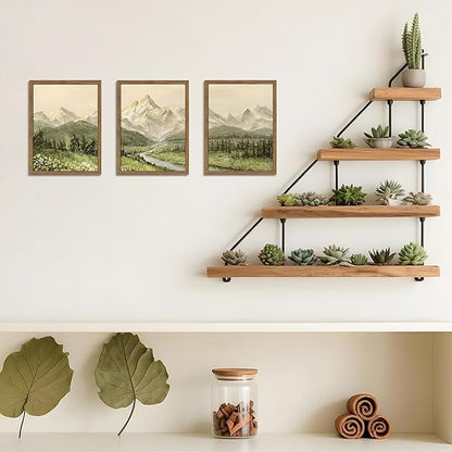 Framed Mountain Wall Art for Living Room, Green Nature Landscape Canvas Wall Decor Set of 3, Vintage Forest Rustic Farmhouse Prints Pictures Paintings for Office Bedroom 12x16 Inch