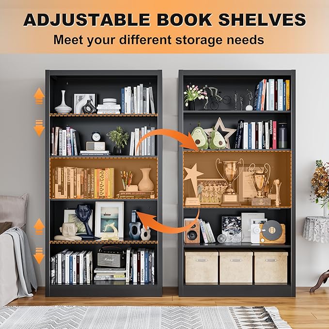VASAAOSD 55” Black Bookshelf, 5 Tier Adjustable Metal Bookcase | Adjustable Design, Anti-Tilt Device, Easy Assembly Toy Storage Organizer, for Bedroom, Study, Office, Classroom