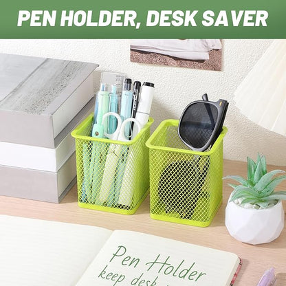 Segarty Pen Cup, 12 Pack Square Light Green Pen Holder for Desk, Cute Mesh Pencil Cups Holder for Marker, Office Supply, School Students, Home, Desktop Accessories Storage Organizer