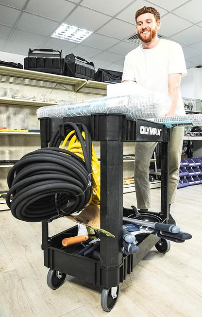 Olympia Tools 2 Shelf Black Rolling Utility Cart - Supports Up to 500 lbs, Comfort Handle - Heavy Duty Carts with Wheels - Great for Warehouse, Garage, Manufacturing, Cleaning
