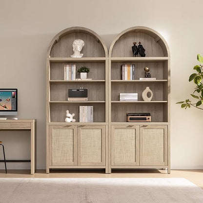 SICOTAS Book Shelf Arched Cabinet Bookshelf Arch 84.2" Tall Bookcase 5 Tier Large Bookshelves with Doors Storage Rattan Boho Wide Book Shelves Case for Living Room Kitchen Office Library