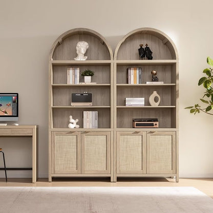 SICOTAS Book Shelf Arched Cabinet Bookshelf Arch 84.2" Tall Bookcase 5 Tier Large Bookshelves with Doors Storage Rattan Boho Wide Book Shelves Case for Living Room Kitchen Office Library