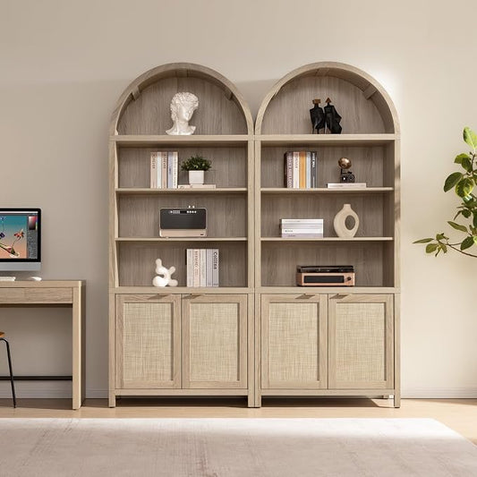 SICOTAS Book Shelf Arched Cabinet Bookshelf Arch 84.2" Tall Bookcase 5 Tier Large Bookshelves with Doors Storage Rattan Boho Wide Book Shelves Case for Living Room Kitchen Office Library
