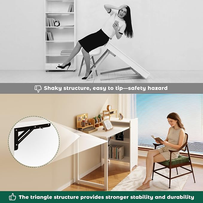 HDDFER Folding Desk with Built-in Outlet,for Small Spaces,Hidden Desk with Storage Shelf, Foldable Computer Desk for Bedroom Home Office, Mid Century Modern Fold Out Table Writing Table, White